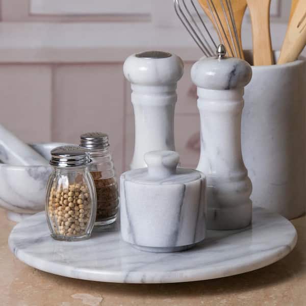 Creative Home Natural Marble Salt cellar Keeper Round Salt Spices Container Salt and Pepper Bowls, 3 diam. x 3.3 H, Off-White