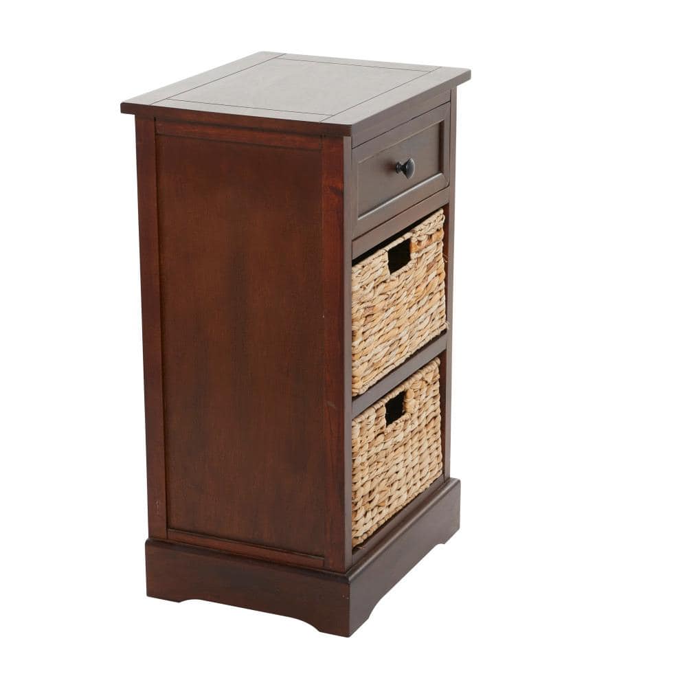 Elegant Brown Wooden Side Chest with Wicker Drawers - 33" x 20.5"