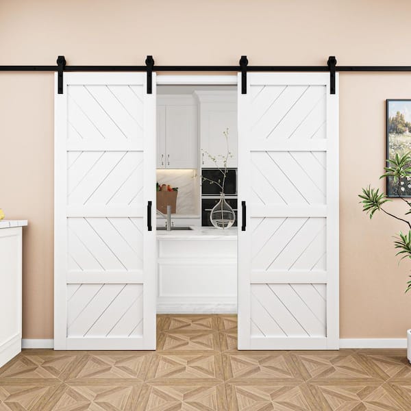 ARK DESIGN 60 in. x 84 in.（Two 30 in. Slabs）White 4 Lite Wave Shape Prefinished Sliding Barn Door with Hardware Kit