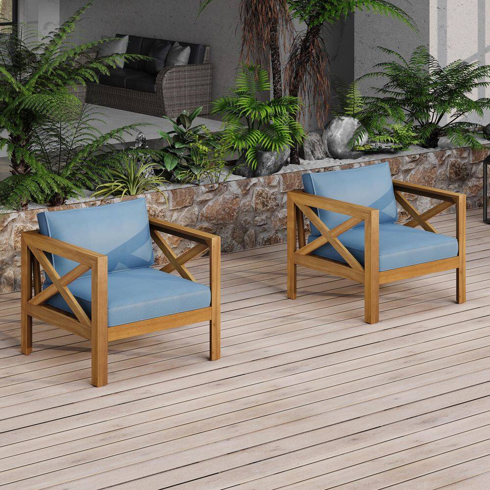 2-Piece Brown Acacia Wood Outdoor Lounge Chair with Blue Cushions price history on PriceWatchPro