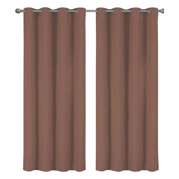 J&V TEXTILES Lillian Collection Coffee Polyester Solid 55 in. W x 84 in. L Thermal Grommet Indoor Blackout Curtains (Set of 2)