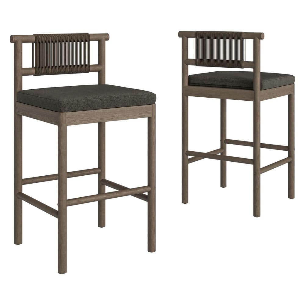 Eleni Set of 2 Teak Wood Outdoor Bar Stools With Rope Backrests Cushions in Wod Gray Flint price history on PriceWatchPro
