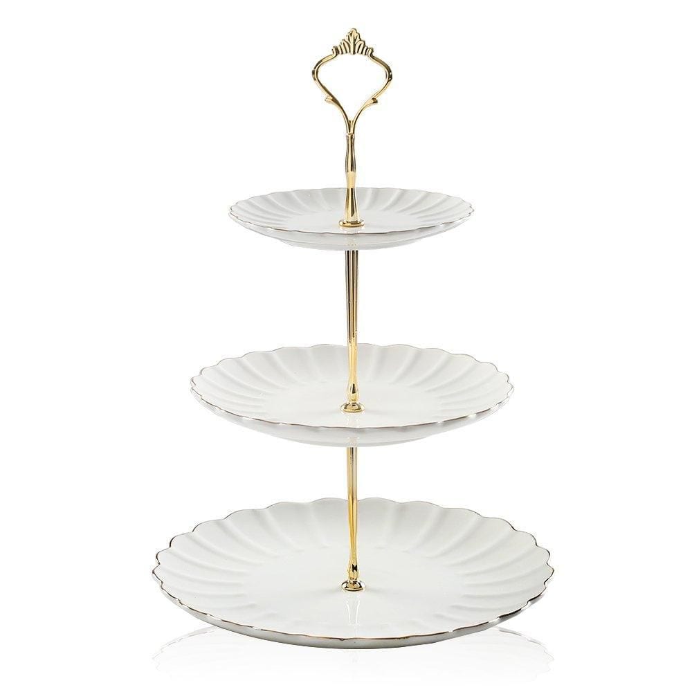 3-Tier White Ceramic Cake Stand with Gold Trim Scalloped Dessert Cupcake Stand for Wedding and Tea Party price history on PriceWatchPro