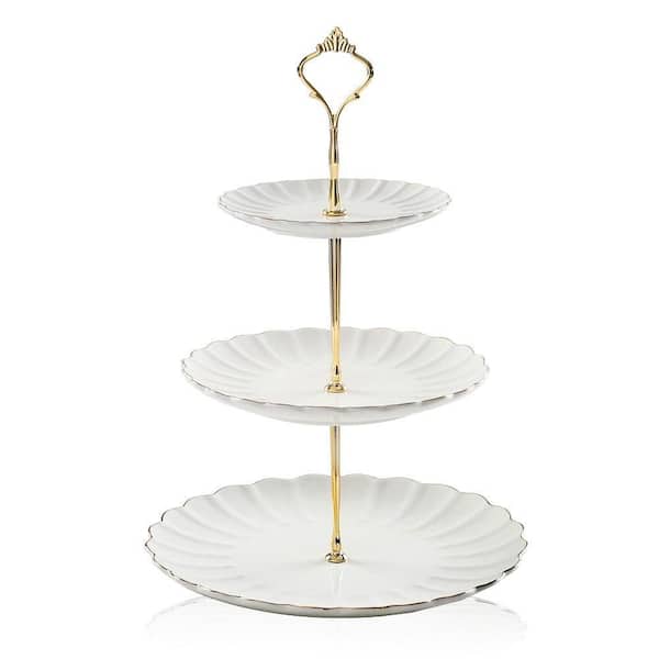 3-Tier White Ceramic Cake Stand with Gold Trim Scalloped Dessert Cupcake Stand for Wedding and Tea Party