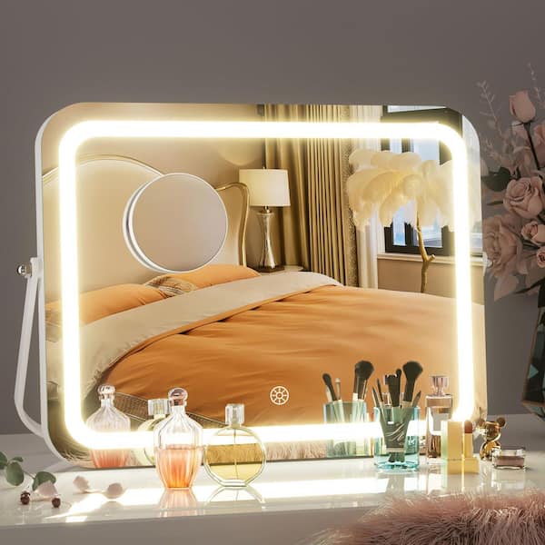 Vosuja White 14 in W x 10 in. H Rectangle Framed Vanity Mirror with Lights LED Makeup Mirror with 5X Magnifying Glass