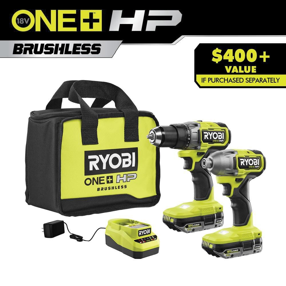 RYOBI ONE+ HP 18V Brushless Cordless 1/2 in. Drill/Driver and Impact Driver Kit w/(2) 2.0 Ah Batteries, Charger, and Bag PBLCK01K - The Home Depot