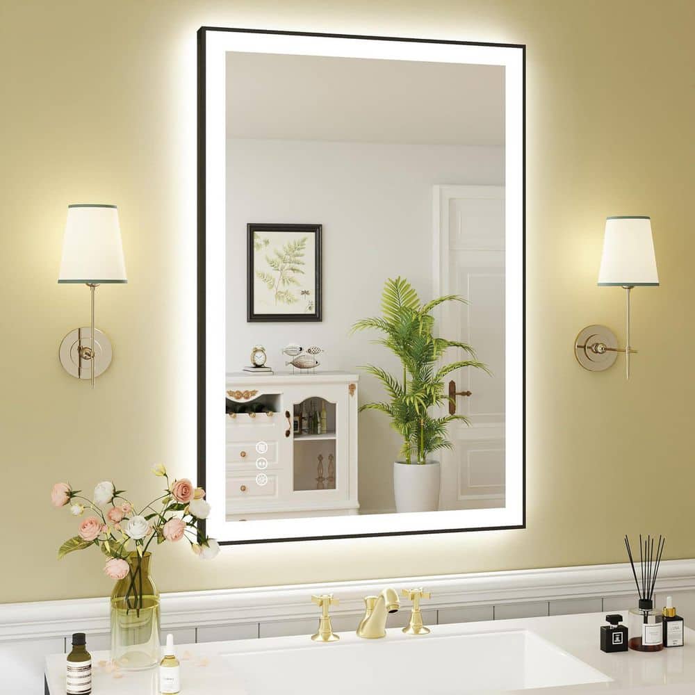 24 in. W x 36 in. H Rectangular Framed LED Anti-Fog Wall Bathroom Vanity Mirror in Black with Backlit and Front Light price history on PriceWatchPro