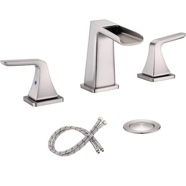 Miscool Laima Waterfall 8 in. Widespread 2-Handle Low Arc Bathroom Sink Faucet with Pop-Up Drain Assembly in Brushed Nickel