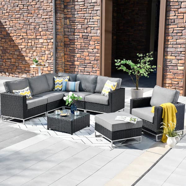 HOOOWOOO Mille Lacs Black 8-Piece NO ASSEMBLY Wicker Outdoor Patio Conversation Sectional Sofa Set with Dark Gray Cushions