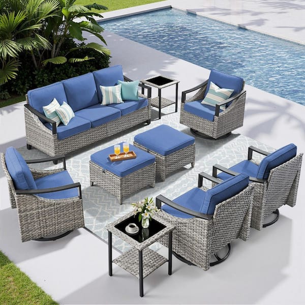 9-Piece Set Wicker Patio Conversation Set with Blue Cushions, Iron Handrail