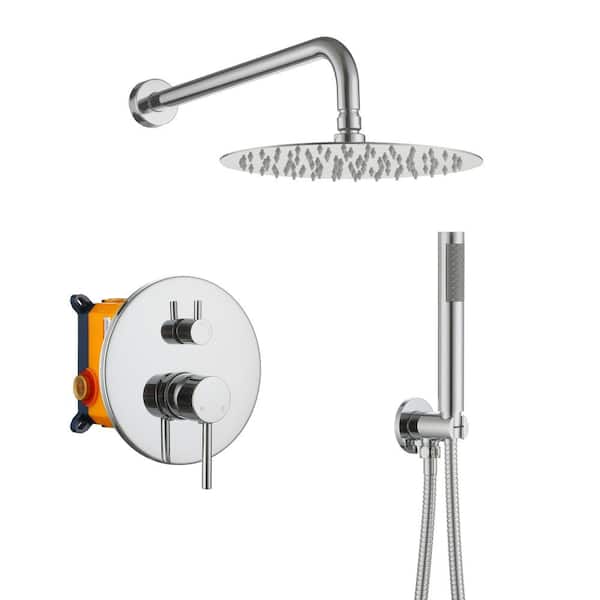 Dimakai 2-Spray 10 in. Round Wall Mounted Fixed and Handheld Shower Head 1.8 GPM in Chrome