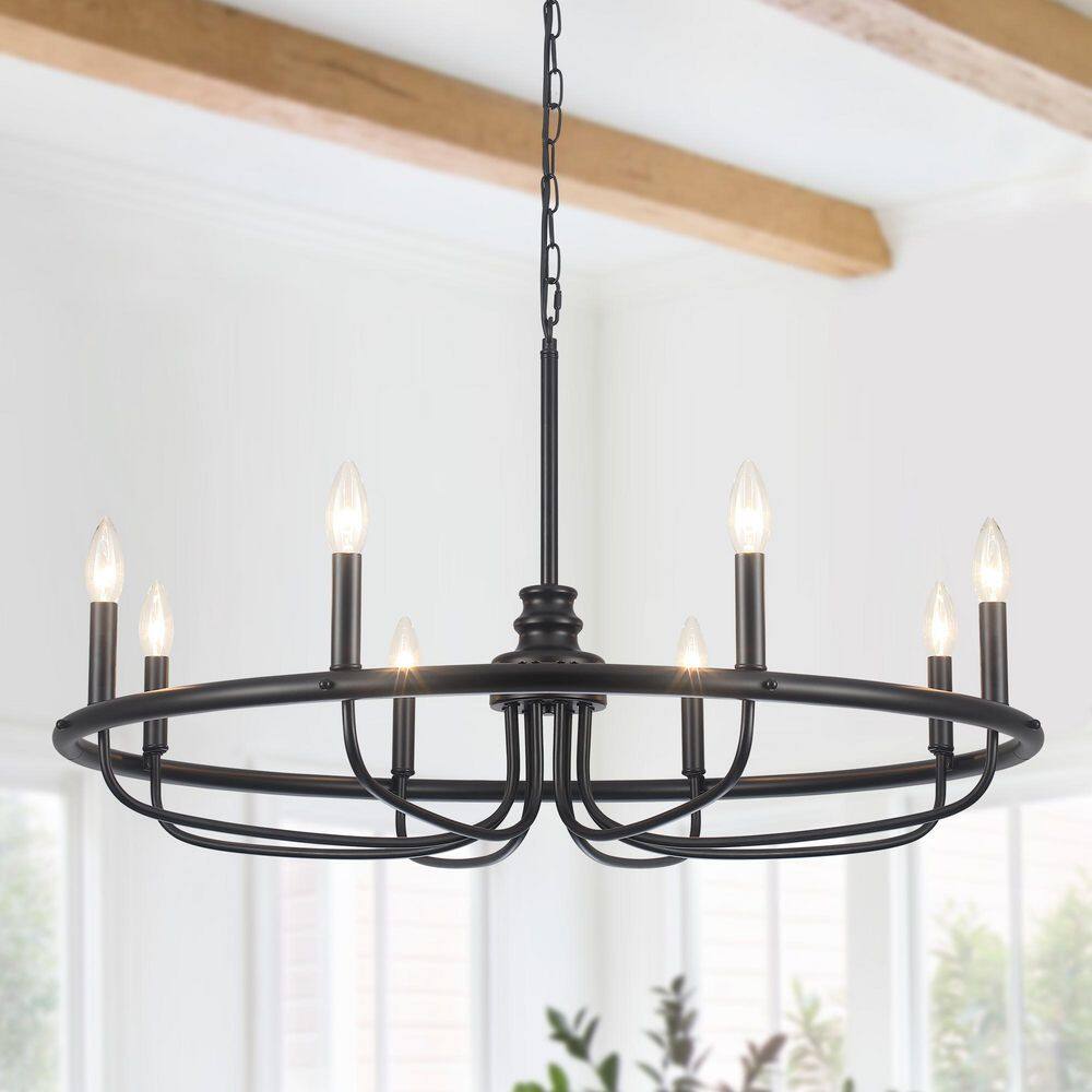 Rustic Farmhouse 33.8 in. 8-Light Black Metal Round Wagon Wheel Chandelier with Adjustable Chain for Kitchen Island price history on PriceWatchPro