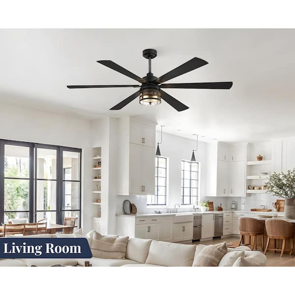 65 in. Indoor 6 Fan Speeds Black Large Ceiling Fan with Light Kit and Remote Control Included
