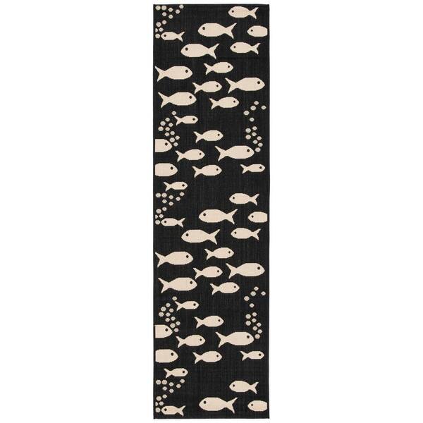 Courtyard Black/Beige 2 ft. x 18 ft. Novelty Fish Indoor/Outdoor Runner Rug