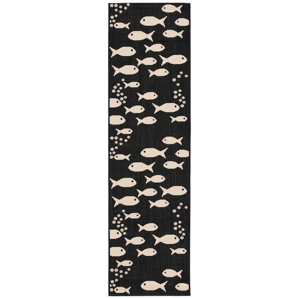 Courtyard Black/Beige 2 ft. x 5 ft. Novelty Fish Indoor/Outdoor Runner Rug