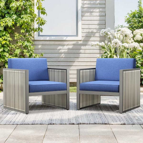 moosprr Modern Industrial Porch Light Beige Wicker Outdoor Lounge Chair with Olefin Blue Cushions (2-Pack)
