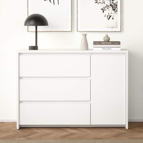 Tvilum Next White Composite Engineered Wood 46.6 in. W Sideboard with 3-Drawers and Adjustable Shelves