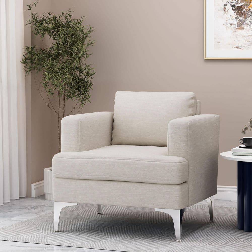 Beige and Silver Modern Club Chair with Wood Frame