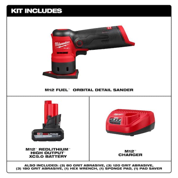 M12 FUEL 12-Volt Lithium-Ion Brushless Cordless Orbital Detail Sander with HIGH OUTPUT XC5. 0 Starter Kit
