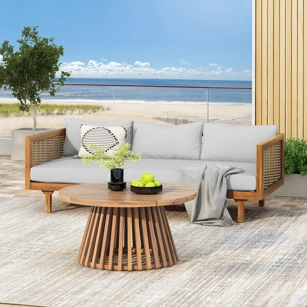 Riley Teak 2-Piece Wood Outdoor Patio Conversation Seating Set with Light Gray Fabric Cushions, Rattan Armrests