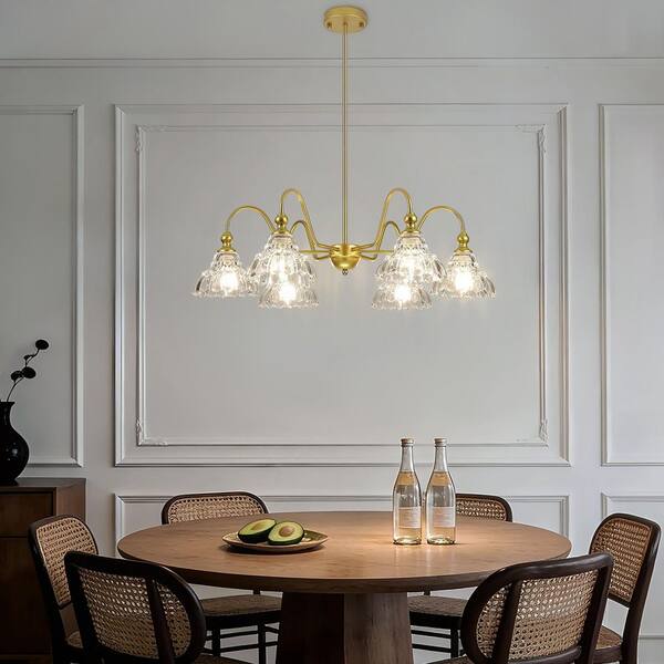 JUSHENG 6-Light Gold Metal Chandelier with Scalloped Clear Glass