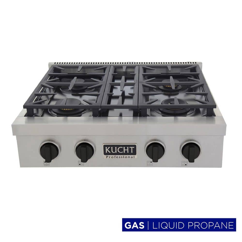 Professional 30 in. Liquid Propane Gas Range Top in Stainless Steel with Tuxedo Black Knobs with 4 Burners