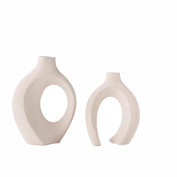 Unbranded Decorative Vase Cream White 11 in. Mid Century Ceramic Vase (Set of 2)