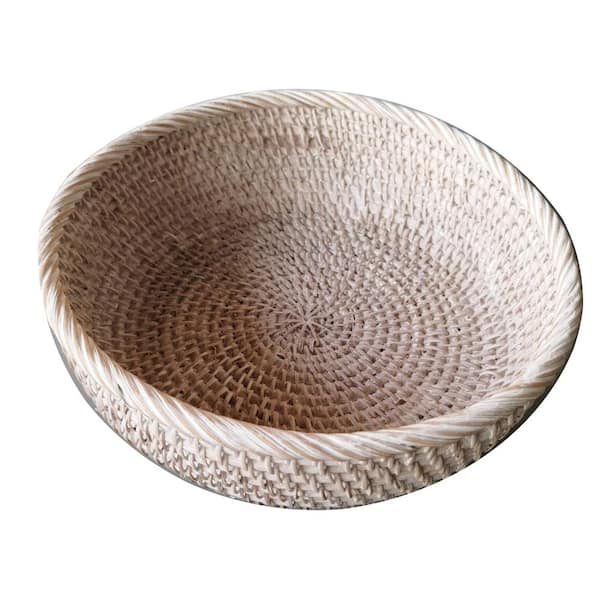 Wash White Round Rattan Wicker Basket Bowl Set (1-Piece) for Bread Fruit and Table Centerpiece Decor