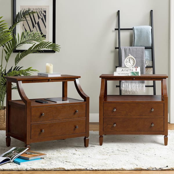 JAYDEN CREATION Jacqueline Walnut 2-Drawer Nightstand with Built-In Outlets (Set of 2)