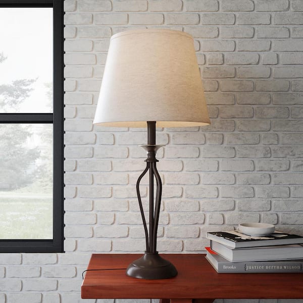 Hampton Bay Rhodes 28 in. Bronze Table Lamp with Natural Linen Shade