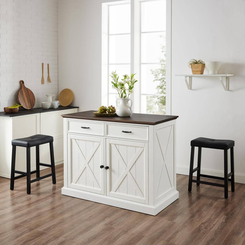 Distressed White Kitchen Island with Black Stools