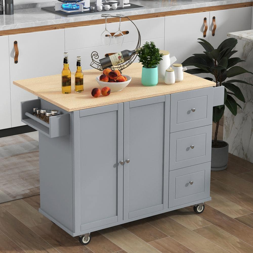 Gray Blue Solid Wood Top 52.7 in. W Rolling Mobile Kitchen Island with Drop
