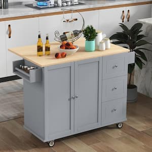 Gray Blue Solid Wood Top 52.7 in. W Rolling Mobile Kitchen Island with Drop Leaf Breakfast Bar, Spice Rack, Drawers