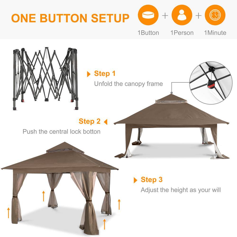 Brown 13' x 13' Outdoor Gazebo Tent with Mosquito Netting