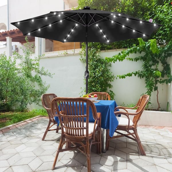 Sonkuki 9 ft. Round Solar LED Lighted Steel Market Patio Umbrella with Push Button Tilt in Black