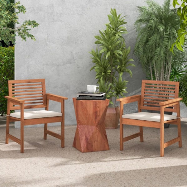 Clihome Patio Solid Wood Dining Chairs with White Cushions and Slatted Seat (2-Pack)