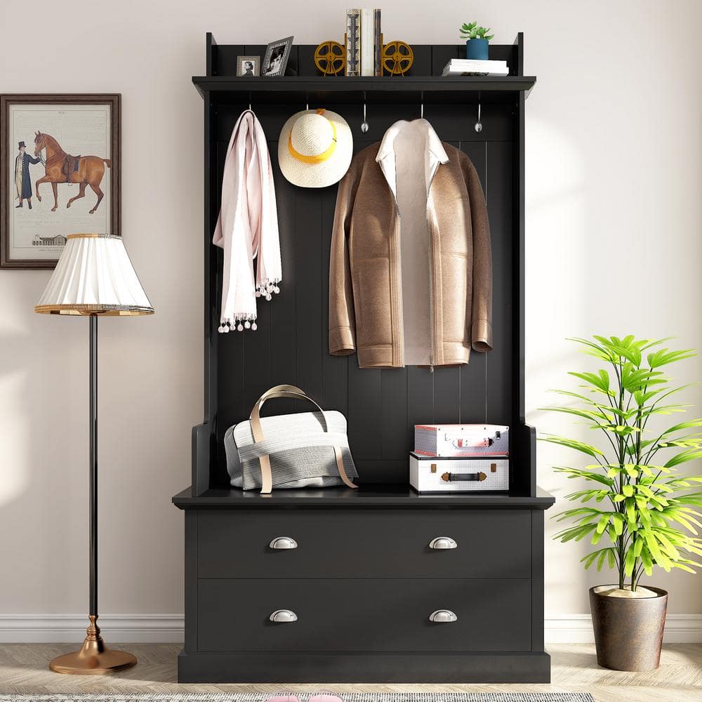 URTR Black Hall Tree and Shoe Storage Bench with Drawers, Wooden Coat ...