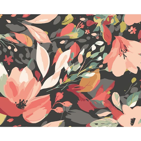 19.7 in. x 0.025 in. Pink Nature Origin Murals Flowing Flowers Charcoal Wall Mural