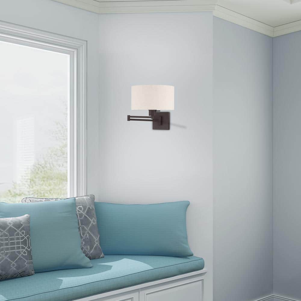 Bronze Swing Arm Wall Lamp with Oatmeal Shade