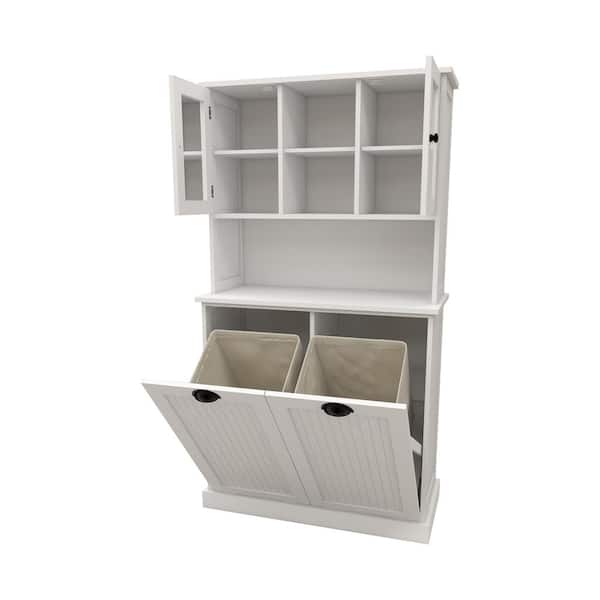 32.68 in. W x 14.57 in. D x 59.69 in. H White Linen Cabinet with 2-Adjustable Shelves and Tilt-Out Dirty Laundry Basket