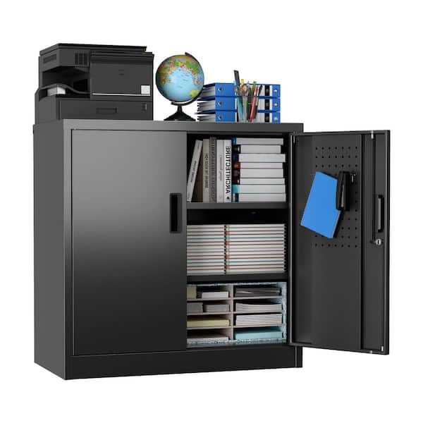 31.5 in. W x 31.5 in. H x 16.5 in. D Black Lockable Metal Storage Freestanding Cabinet with 2-Shelve, Pegboard and Hooks