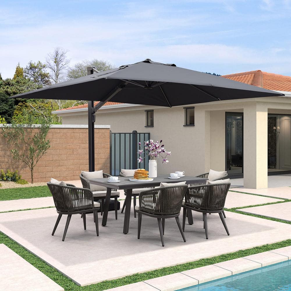 Large Gray Aluminum Cantilever Patio Umbrella with Crank Lift