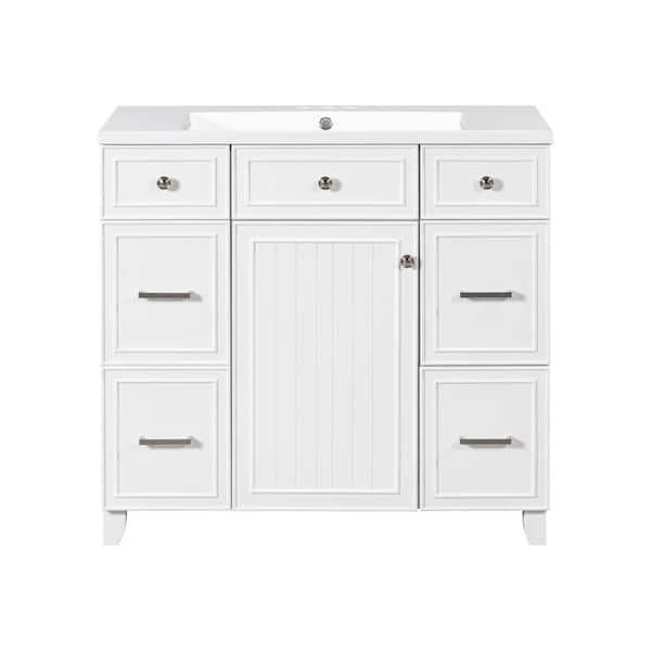 Aoibox 36 in. W x 18 in. D x 34.3 in. H Single Sink Freestanding Bath Vanity in White with White Resin Basin Top