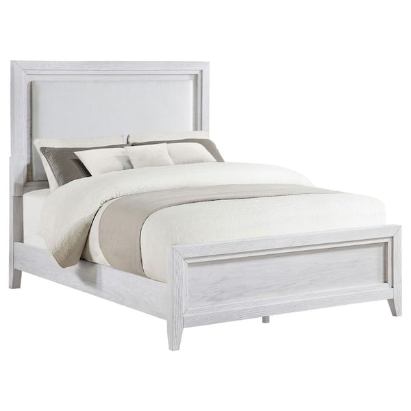Marielle Distressed White and White Wood Frame California King Panel Bed with Padded Headboard