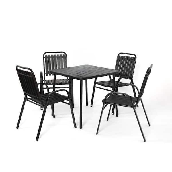 5-Piece Plastic Outdoor Dining Set, Plastic Chair and Steel Table Patio Dining Set for Garden, Patio and Backyard, Black