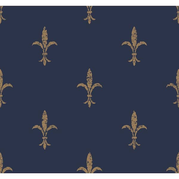 York Wallcoverings Ronald Redding Navy and Gold Fleur De Lis Paper Unpasted Matte Wallpaper (27 in. x 27 ft.)