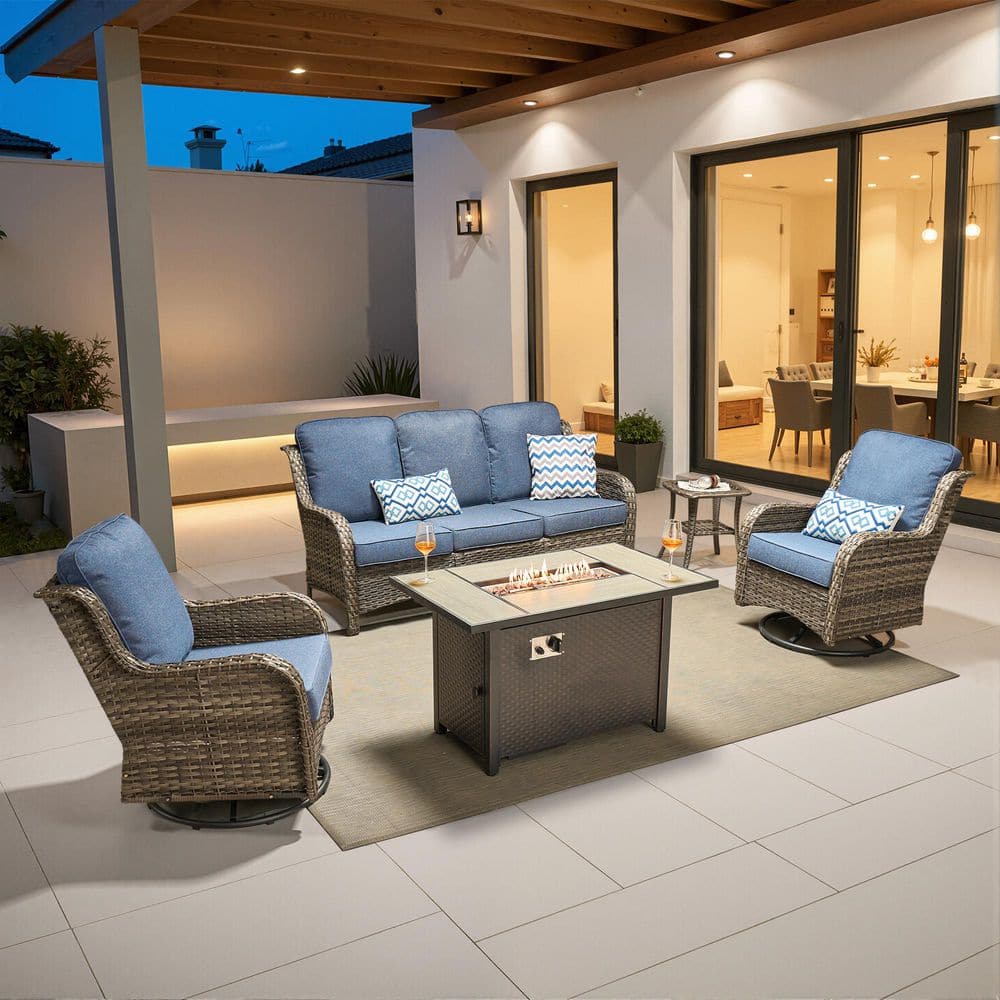 Joyoung Gray 5-Piece Wicker Patio Rectangle Fire Pit Conversation Set with Denim Blue Cushions and Swivel Chairs price history on PriceWatchPro