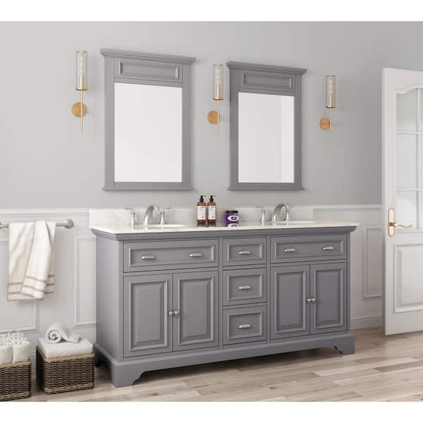 Home Decorators Collection Sadie 67 in. W x 21.6 in. D x 35.1 in. H Freestanding Bath Vanity in Dove Grey w/ White w/ Natural Veining Marble Top