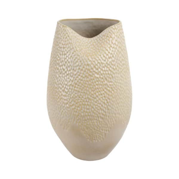 16 in. Cream/Ivory Ceramic Cylinder Textured Embossed Decorative Vase