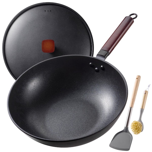 13 in. Wok Pan with Lid Spatula and Dish Brush, Pre-Seasoned Flat Bottom Chinese Woks for for All Stoves, Black